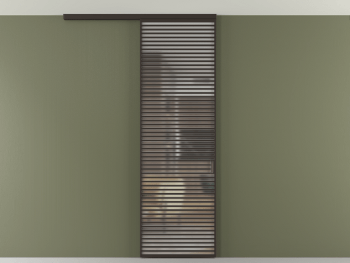 Перегородка Формато вдоль стены на потолок 1 створка АЛПР 040.07 Алюминий антрацит Сатинированное стекло "Мателюкс Кристал Вижн", калёное, матовое, каленое 6 мм Цена 193628 ₽ | Volhovec