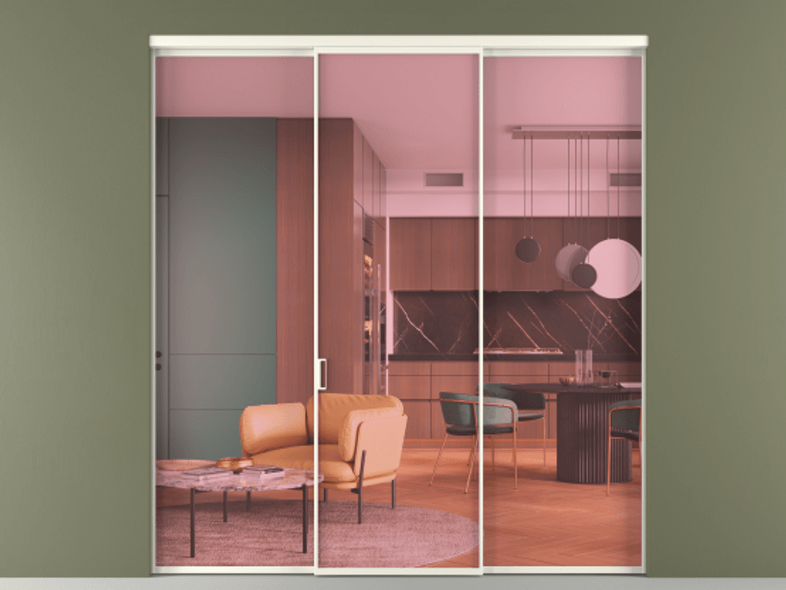 Перегородка Формато внутри проёма 3 створки АЛПР 040.01 Алюминий жемчужный Прозрачное розовое стекло, триплекс Цена 45700380 so'm | Volhovec