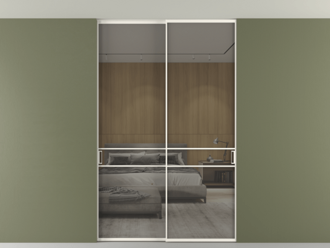 Перегородка Формато внутри проёма скрытое крепление в потолок 2 створки АЛПР 040.02 Алюминий пудровый белый Рефлективное серое стекло "Стопсол", калёное Цена 62020560 so'm | Volhovec