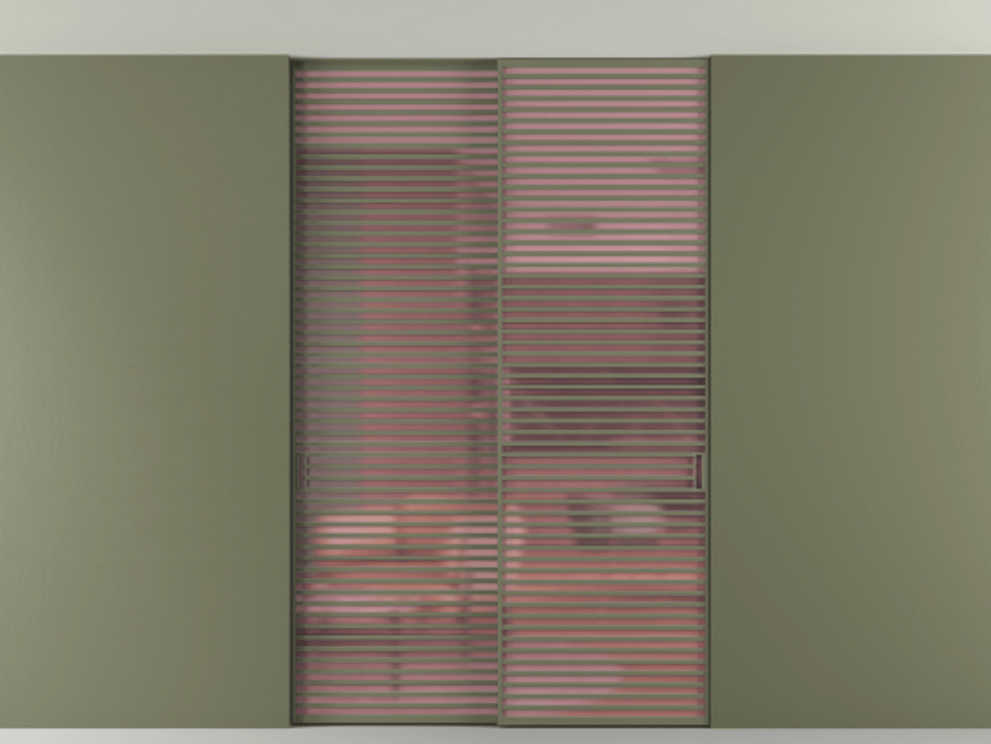 Перегородка Формато внутри проёма скрытое крепление в потолок 2 створки АЛПР 040.07 Алюминий оливковый тёмный Сатинированное розовое стекло, триплекс Цена 83212750 so'm | Volhovec