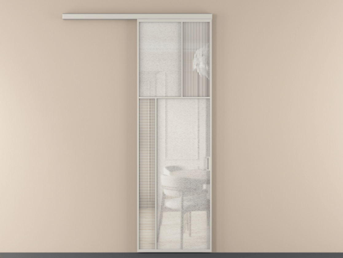 Перегородка Mosaic вдоль стены 1 створка АЛПР 041.22 Алюминий тёплый серый Рифлёное стекло "Дюна", триплекс, 6 мм + Фактурное стекло "Лёд", триплекс Цена 29441090 so'm | Volhovec