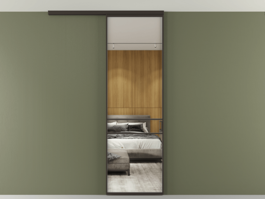 Перегородка Formato вдоль стены на потолок 1 створка АЛПР 040.02 Алюминий антрацит Двустороннее зеркало, триплекс , триплекс 6 мм Цена 106540 ₽ | Volhovec