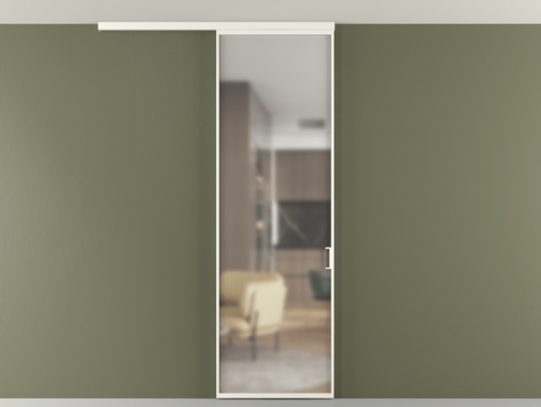 Перегородка Формато вдоль стены на потолок 1 створка АЛПР 040.01 Алюминий пудровый белый Сатинированное стекло "Мателюкс Кристал Вижн", калёное, матовое, каленое 6 мм Цена 24272710 so'm | Volhovec