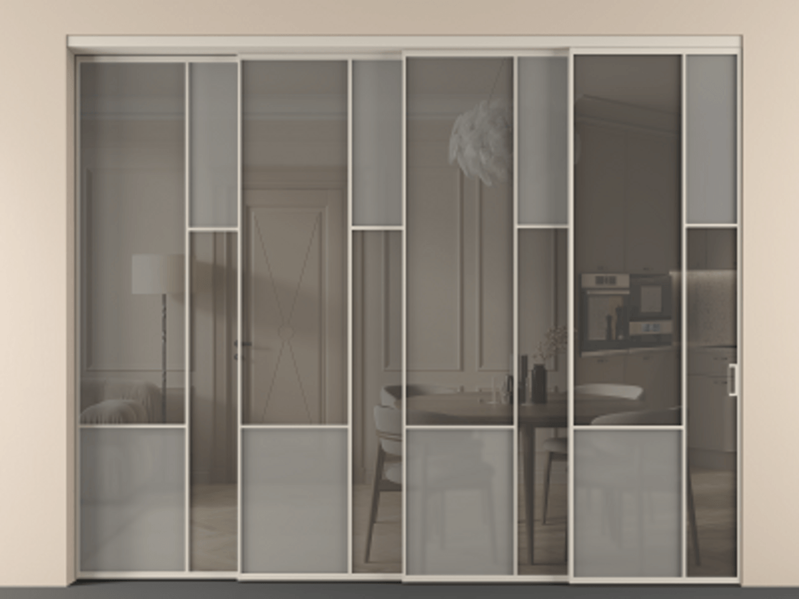 Перегородка Мозаик внутри проёма 4 створки с синхронным механизмом АЛПР 041.12 Алюминий светло-бежевый Сатинированное серое стекло, триплекс, 6 мм + Прозрачное серое стекло, триплекс. Цена 119266560 so'm . Фабрика дверей Волховец 8 (800) 551 43 19 Перегородка Мозаик внутри проёма 4 створки с синхронным механизмом АЛПР 041.12 Алюминий светло-бежевый Сатинированное серое стекло, триплекс, 6 мм + Прозрачное серое стекло, триплекс Цена 119266560 so'm | Volhovec