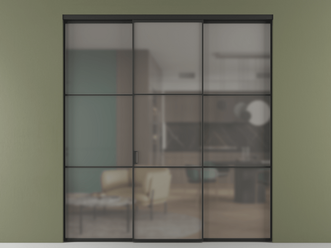 Перегородка Формато внутри проёма 3 створки АЛПР 040.03 Алюминий Черный Сатинированное серое стекло, триплекс Цена 46278930 so'm | Volhovec