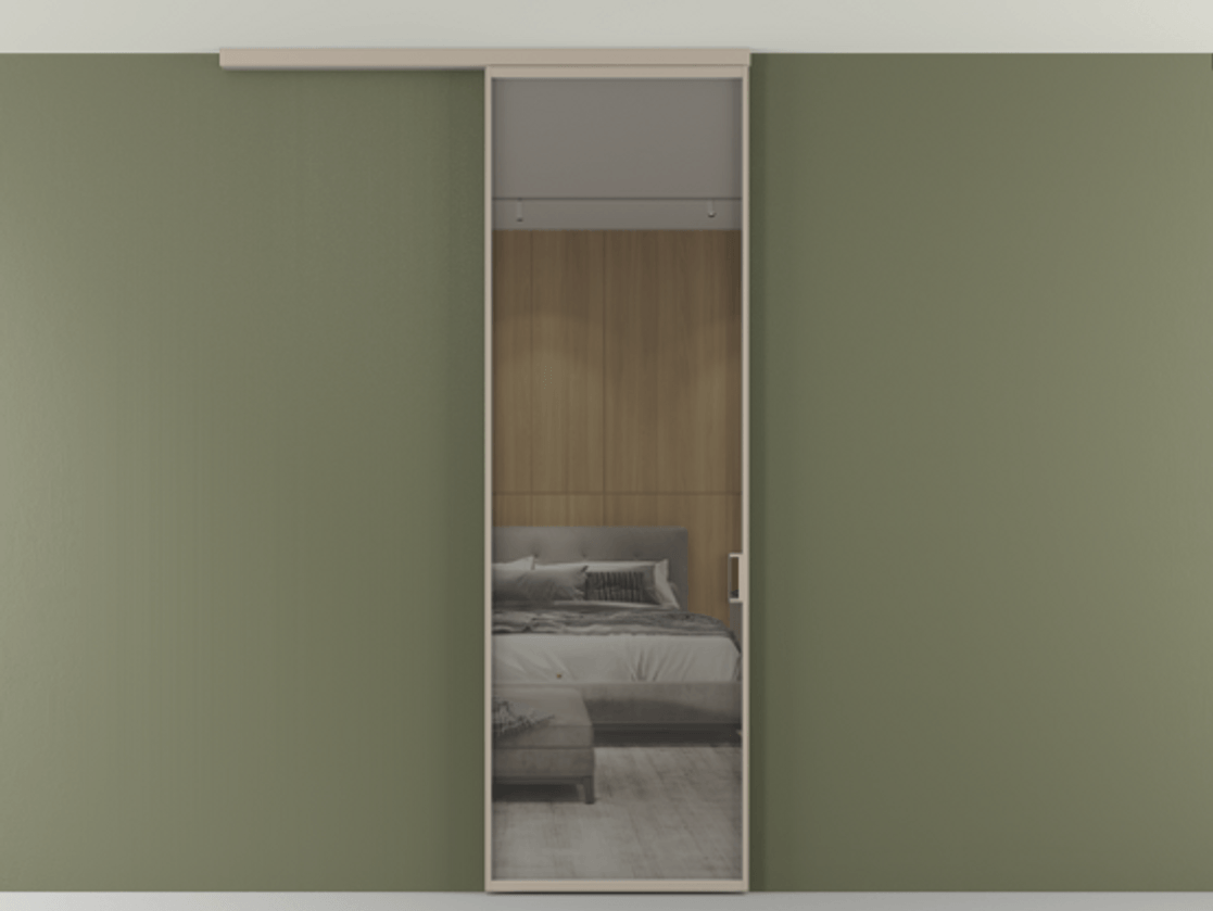 Перегородка Formato вдоль стены на потолок 1 створка АЛПР 040.01 Алюминий бисквитный Рефлективное серое стекло "Стопсол", калёное Цена 119570 ₽ | Volhovec