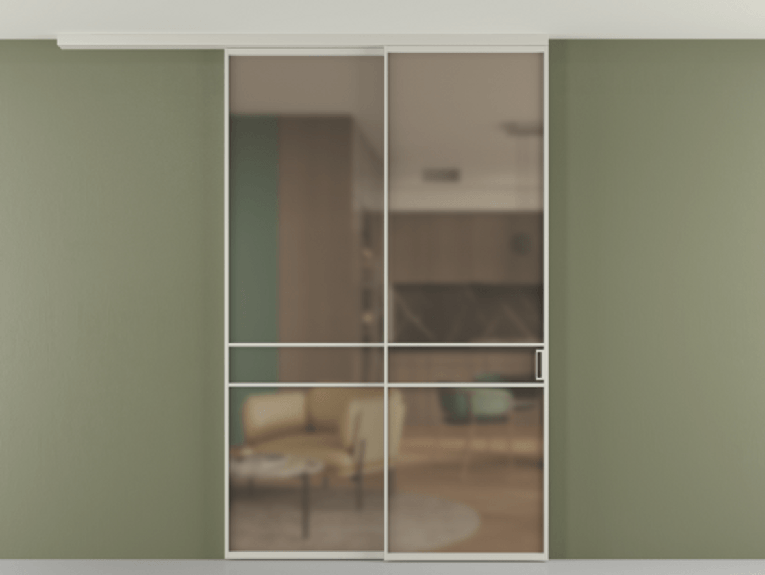 Перегородка Формато вдоль стены на потолок 2 створки с синхронным механизмом АЛПР 040.02 Алюминий тёплый серый Сатинированное бронзовое стекло, триплекс Цена 63137060 so'm | Volhovec