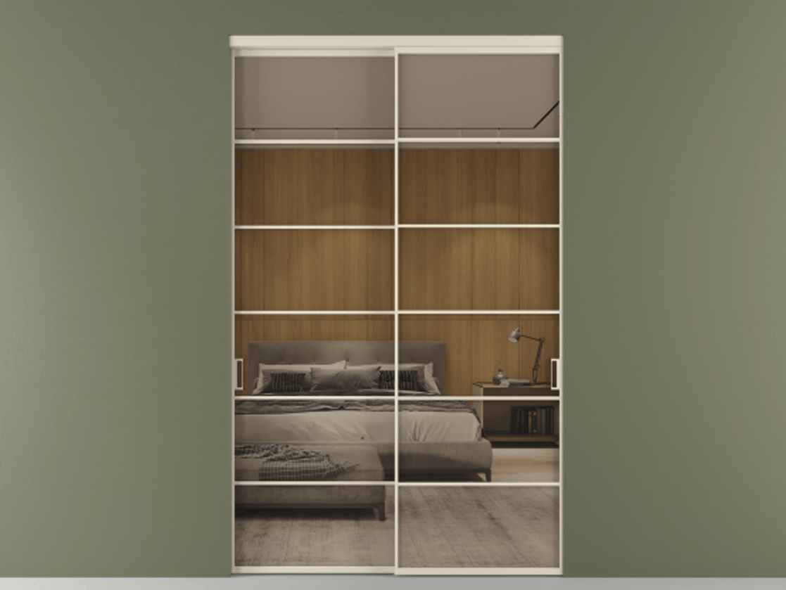 Перегородка Формато внутри проёма 2 створки АЛПР 040.04 Алюминий бежево-серый Рефлективное бронзовое стекло "Стопсол", калёное Цена 100261700 so'm  | Volhovec