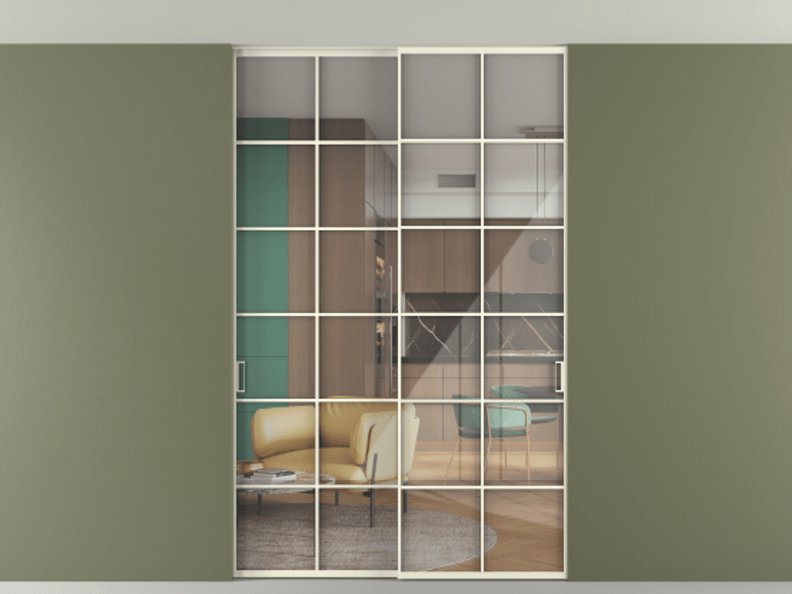 Перегородка Формато внутри проёма скрытое крепление в потолок 2 створки АЛПР 040.05 Алюминий молочно-белый Рефлективное прозрачное стекло "Стопсол", калёное Цена 65504040 so'm | Volhovec