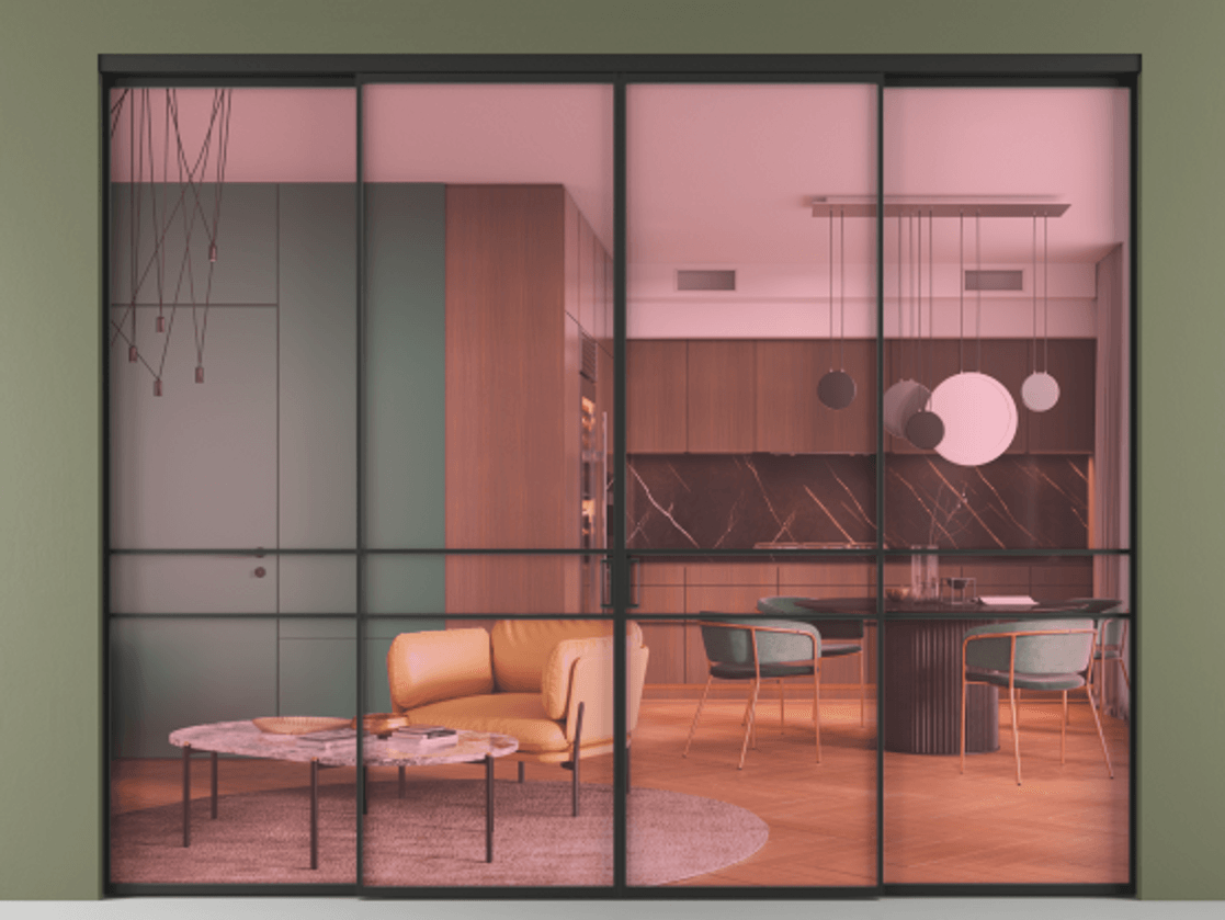 Перегородка Formato внутри проёма 4 створки АЛПР 040.02 Алюминий Черный Прозрачное розовое стекло, триплекс Цена 65772000 so'm  | Volhovec