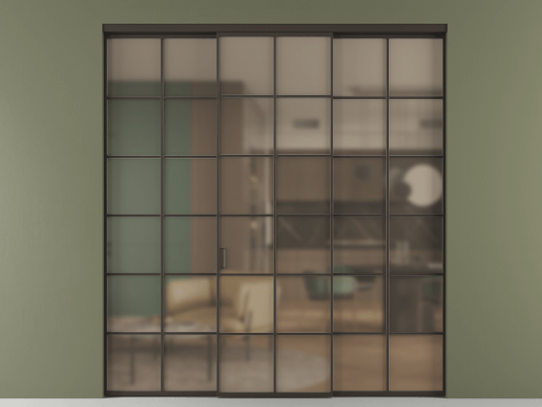 Перегородка Formato внутри проёма 3 створки АЛПР 040.05 Алюминий антрацит Сатинированное бронзовое стекло, триплекс Цена 254825 ₽ | Volhovec