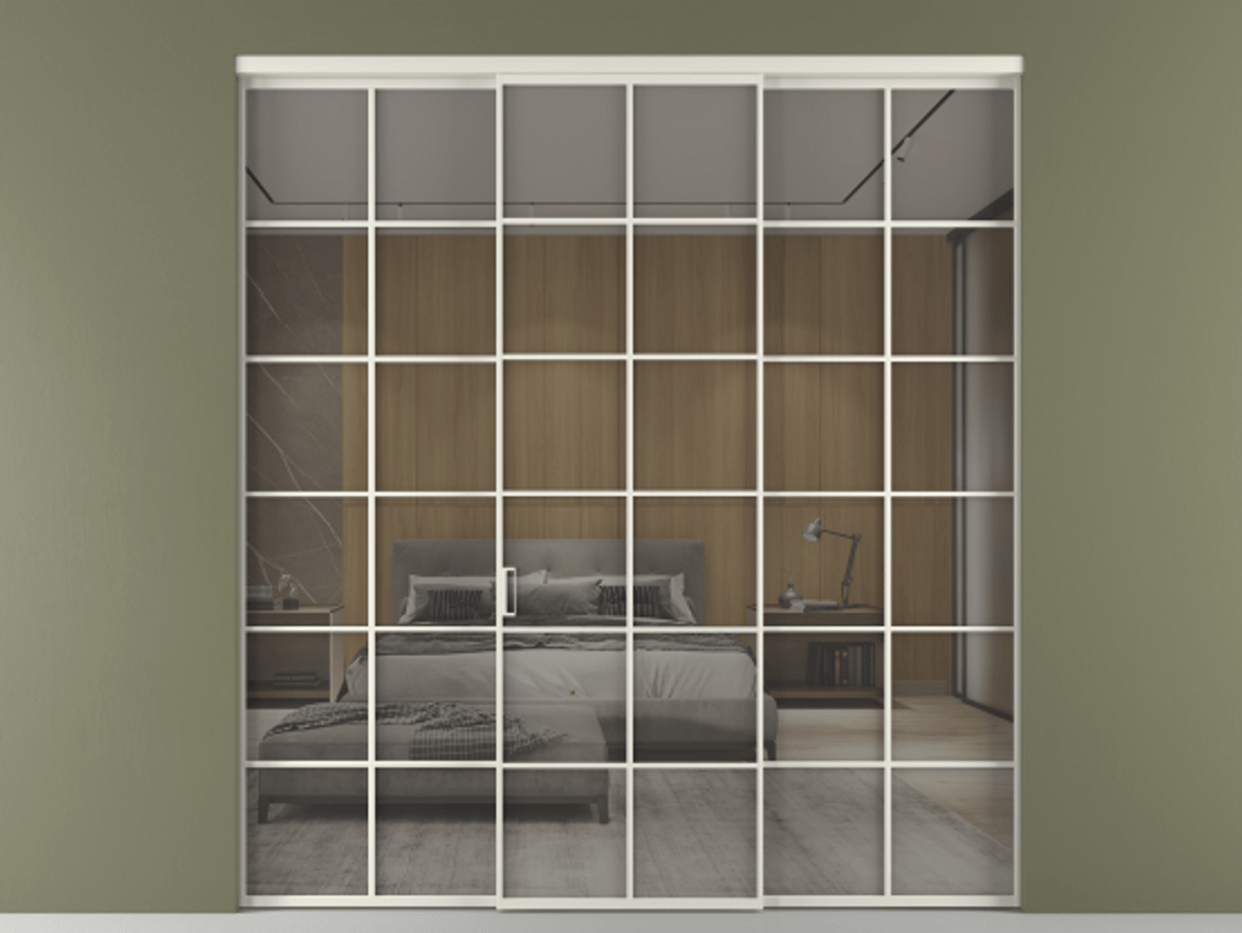 Перегородка Формато внутри проёма 3 створки АЛПР 040.05 Алюминий Белый Рефлективное серое стекло "Стопсол", калёное Цена 327800 ₽ | Volhovec