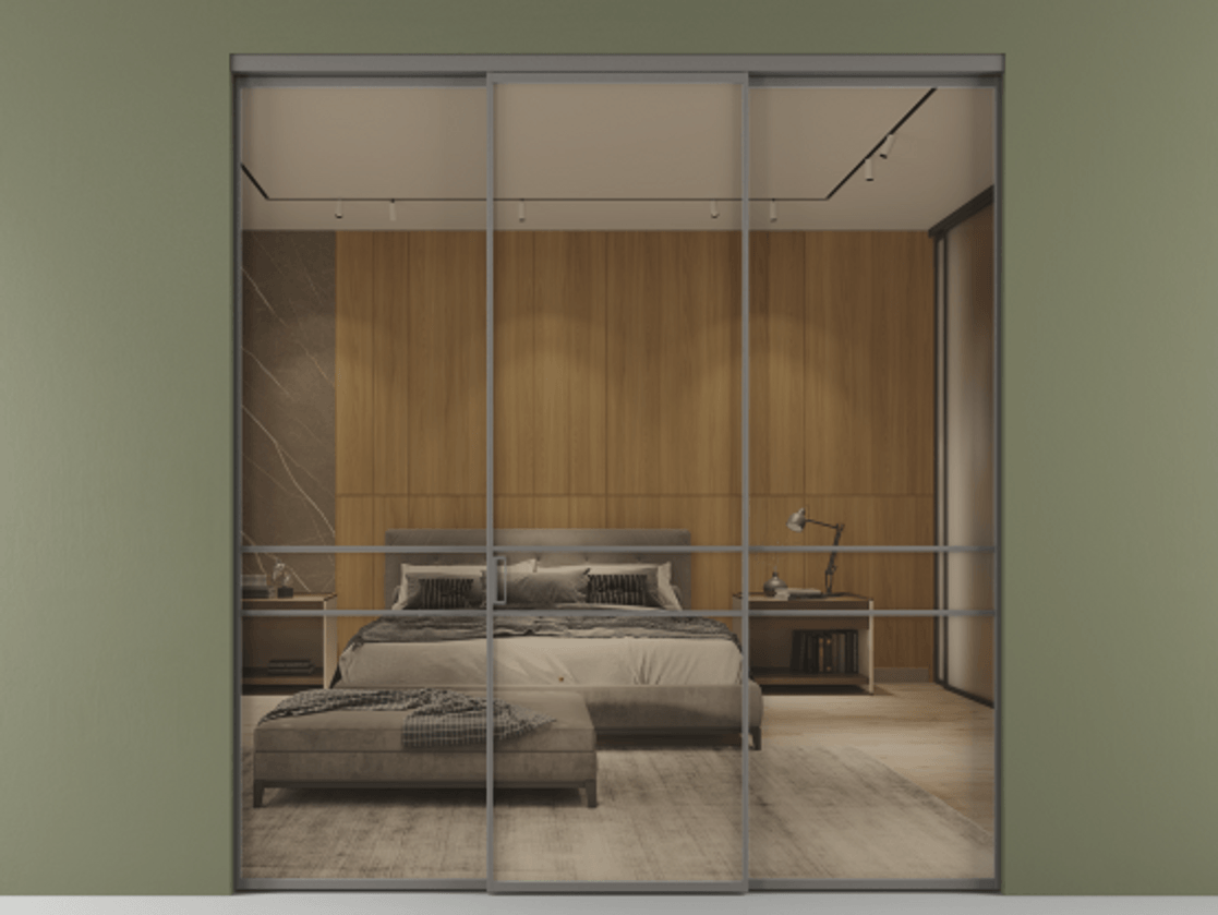 Перегородка Формато внутри проёма 3 створки АЛПР 040.02 Алюминий классический серый Рефлективное бронзовое стекло "Стопсол", калёное Цена 64472800 so'm | Volhovec