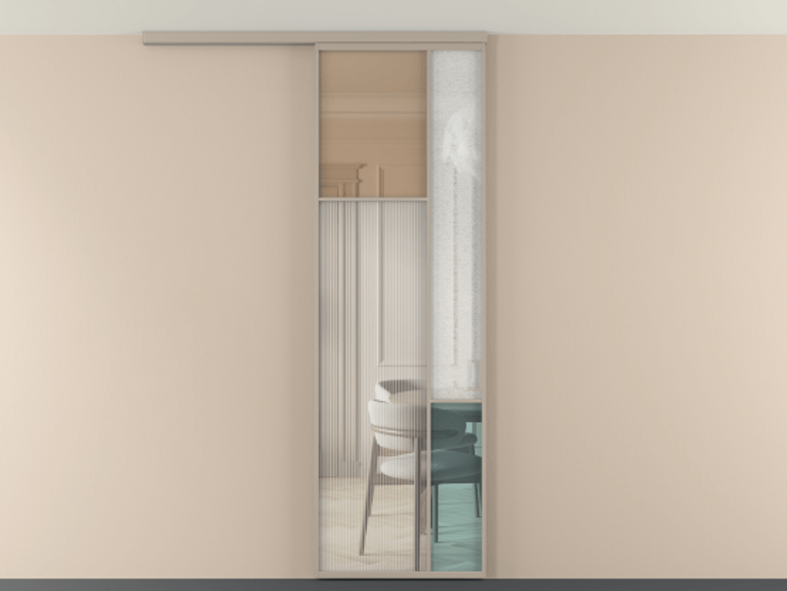 Перегородка Мозаик вдоль стены на потолок 1 створка АЛПР 041.10 Алюминий бисквитный Комбинация стекол Группы 1 и Группы 3 Цена 28631120 so'm | Volhovec