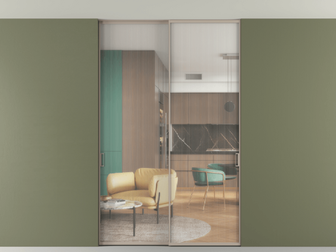 Перегородка Формато внутри проёма скрытое крепление в потолок 2 створки АЛПР 040.01 Алюминий бисквитный Рифлёное стекло "Мору", триплекс Цена 51014920 so'm | Volhovec