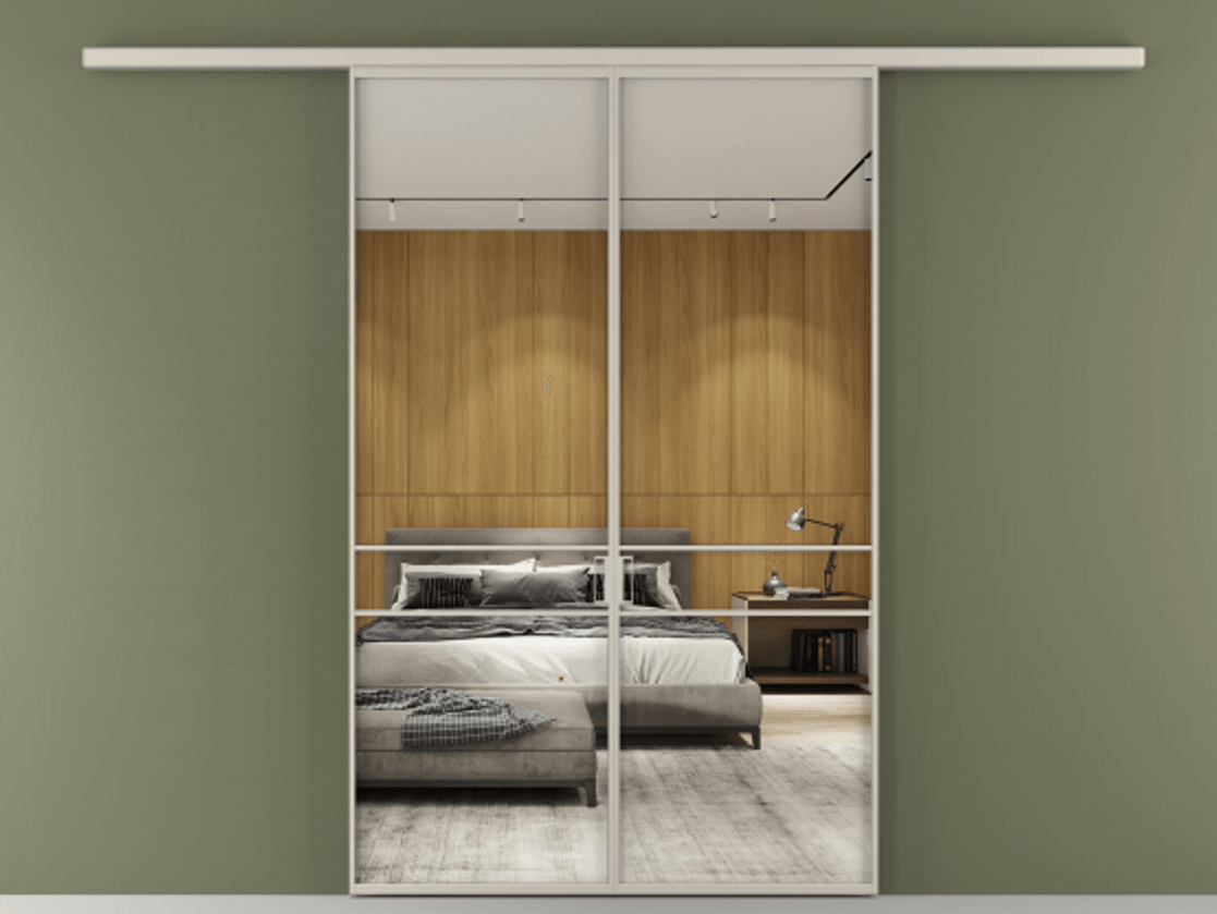 Перегородка Формато вдоль стены 2 створки АЛПР 040.02 Алюминий светло-бежевый Двустороннее зеркало, триплекс , триплекс 6 мм Цена 39676350 so'm | Volhovec