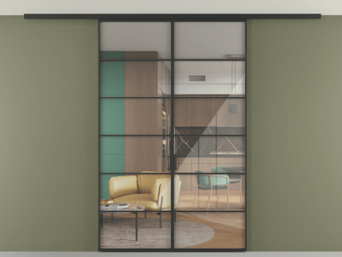 Перегородка Формато вдоль стены на потолок 2 створки АЛПР 040.04 Алюминий Черный Рефлективное прозрачное стекло "Стопсол", калёное Цена 50989540 so'm | Volhovec