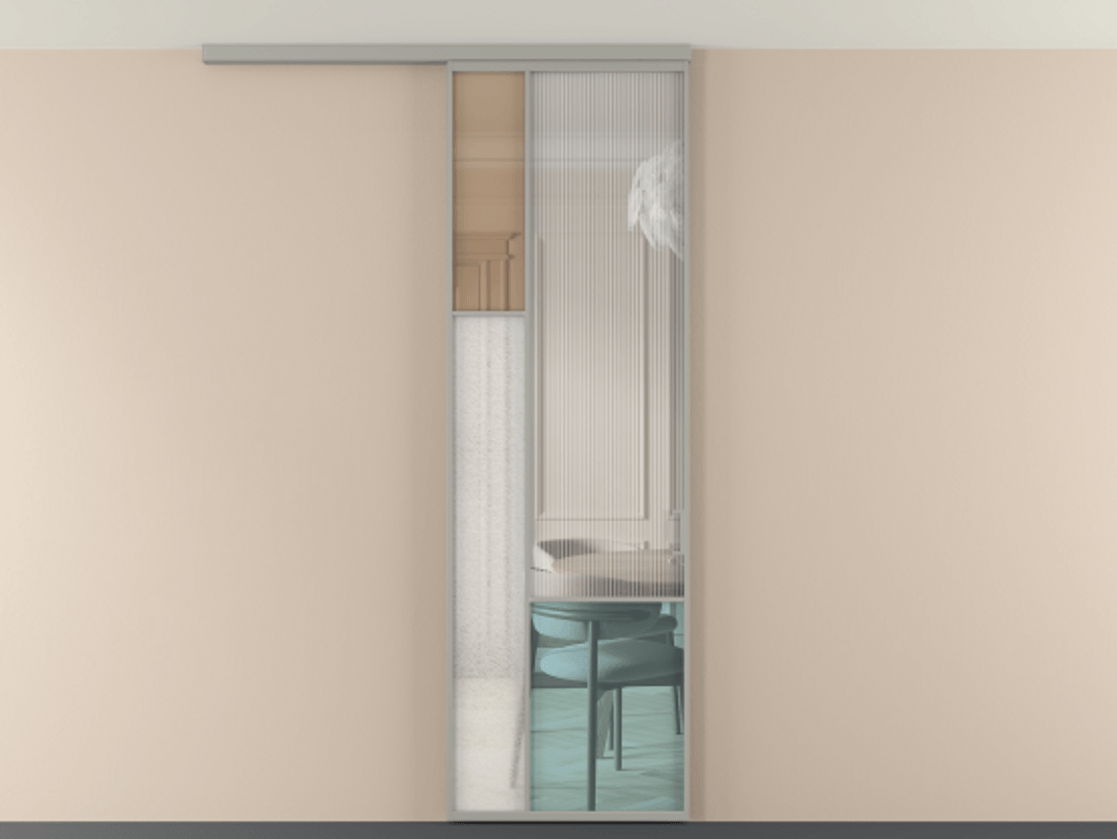 Перегородка Мозаик вдоль стены на потолок 1 створка АЛПР 041.13 Алюминий нейтральный серый Комбинация стекол Группы 1 и Группы 3 Цена 28631120 so'm | Volhovec