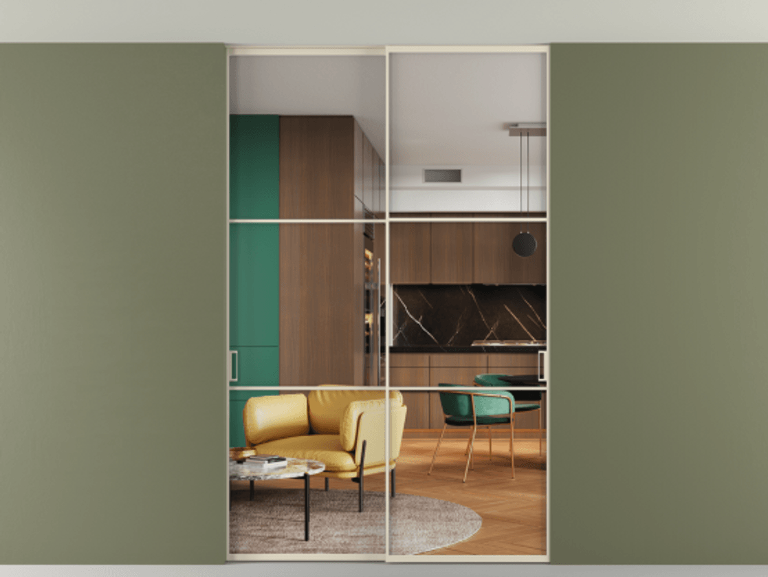 Перегородка Formato внутри проёма скрытое крепление в потолок 2 створки АЛПР 040.03 Алюминий бежево-серый Прозрачное стекло "Кристал Вижн", калёное Цена 62020560 so'm | Volhovec