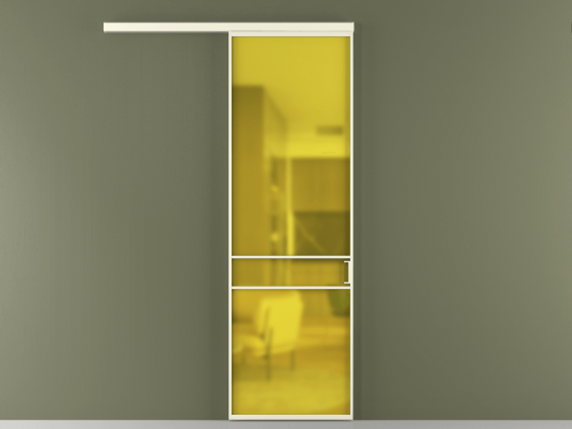 Перегородка Формато вдоль стены 1 створка АЛПР 040.02 Алюминий молочно-белый Сатинированное жёлтое стекло, триплекс Цена 21534240 so'm  | Volhovec