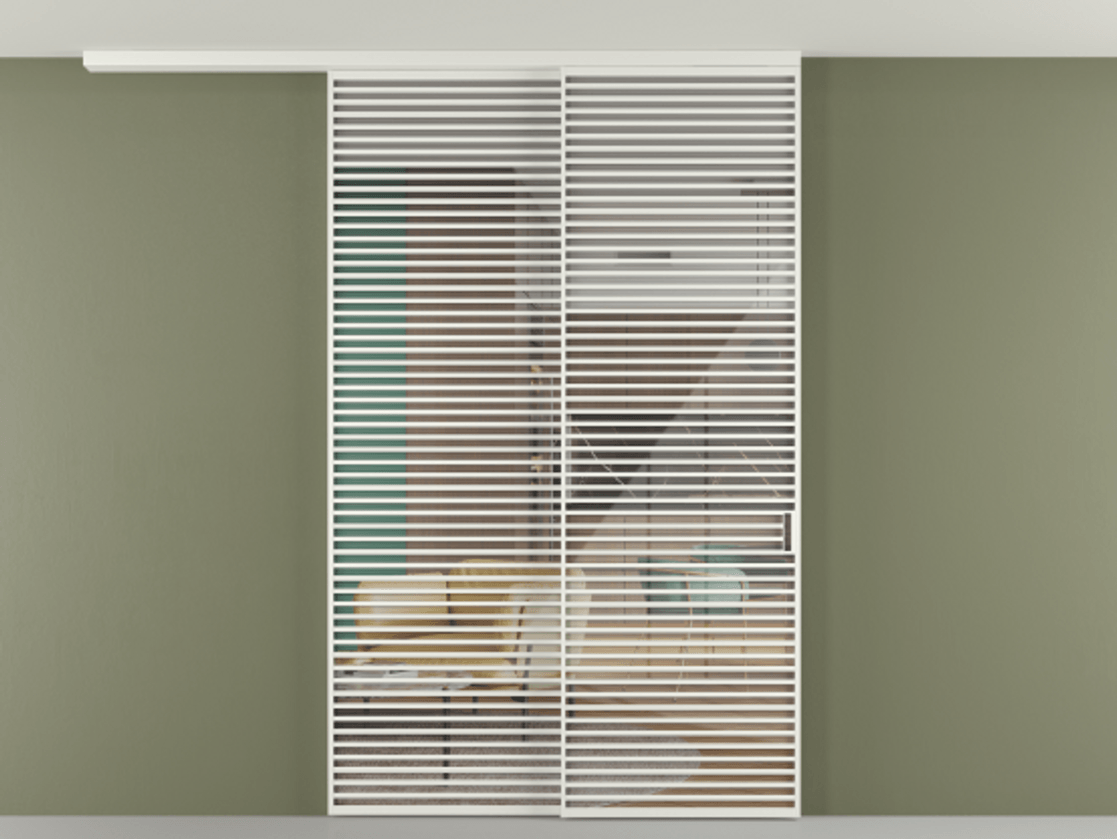 Перегородка Формато вдоль стены на потолок 2 створки с синхронным механизмом АЛПР 040.07 Алюминий светло-серый Рефлективное прозрачное стекло "Стопсол", калёное Цена 110151860 so'm | Volhovec