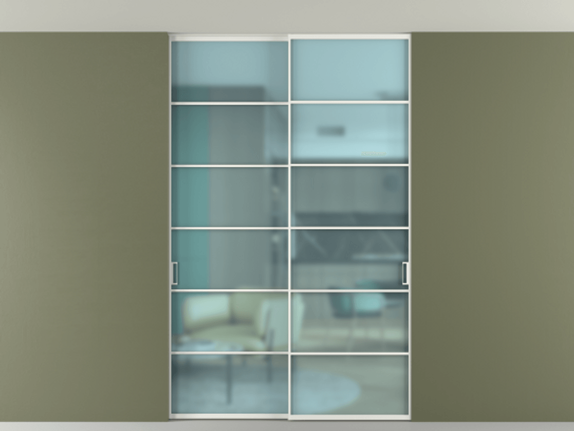 Перегородка Формато внутри проёма скрытое крепление в потолок 2 створки АЛПР 040.04 Алюминий светло-серый Сатинированное голубое стекло, триплекс Цена 53000260 so'm | Volhovec