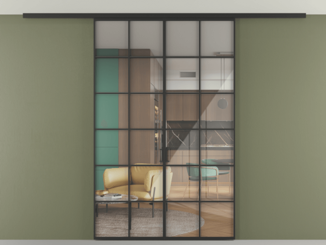 Перегородка Формато вдоль стены на потолок 2 створки АЛПР 040.05 Алюминий Черный Рефлективное прозрачное стекло "Стопсол", калёное Цена 50989540 so'm | Volhovec