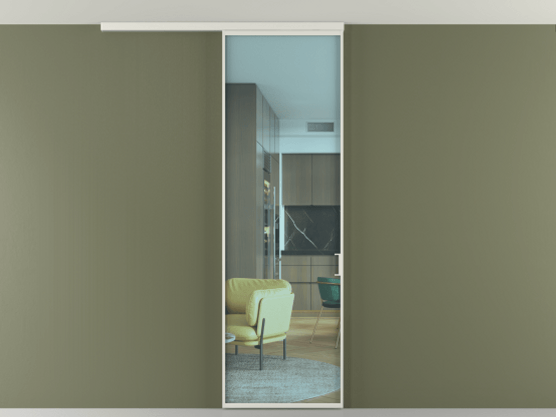 Перегородка Формато вдоль стены на потолок 1 створка АЛПР 040.01 Алюминий серый Прозрачное голубое стекло, триплекс Цена 18757780 so'm | Volhovec