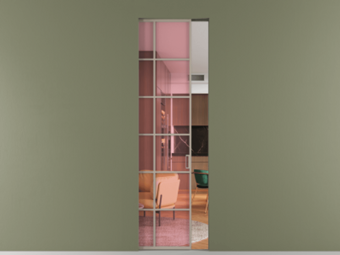 Перегородка Formato скрытый пенал 1 створка АЛПР 040.05 Алюминий бисквитный Прозрачное розовое стекло, триплекс Цена 36174600 so'm | Volhovec