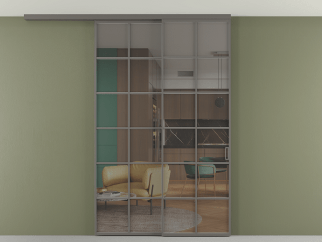 Перегородка Формато вдоль стены на потолок 2 створки с синхронным механизмом АЛПР 040.05 Алюминий классический серый Прозрачное серое стекло, триплекс Цена 59215910 so'm | Volhovec