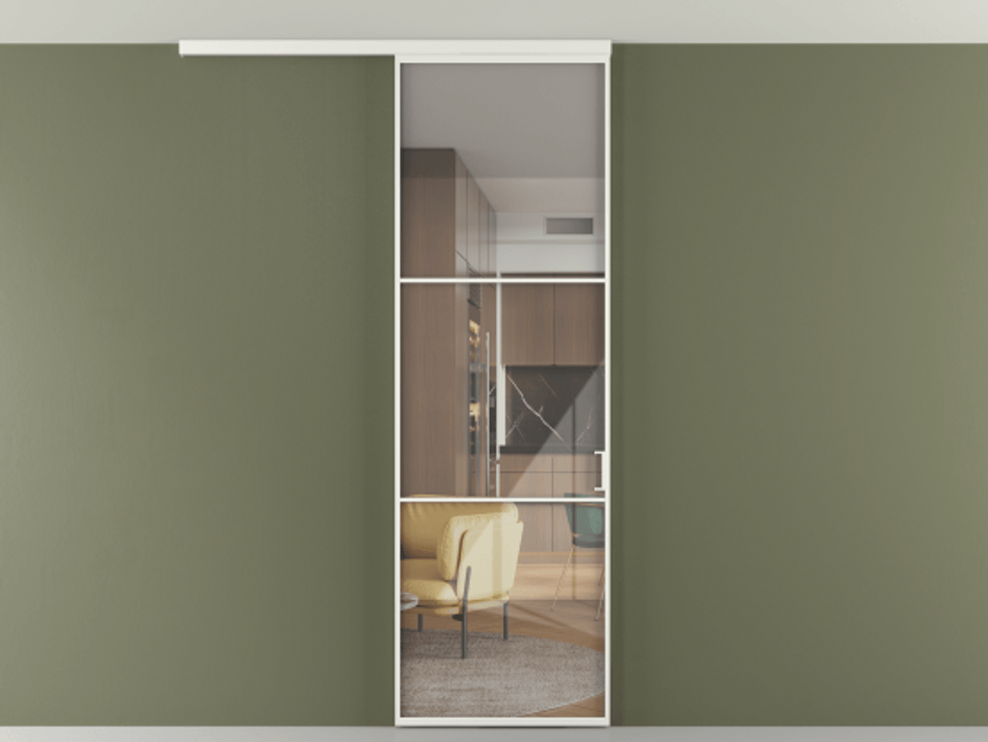 Перегородка Формато вдоль стены на потолок 1 створка АЛПР 040.03 Алюминий светло-серый Рефлективное прозрачное стекло "Стопсол", калёное Цена 125510 ₽ | Volhovec