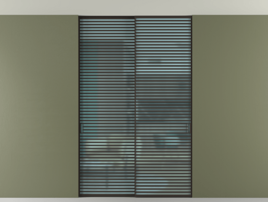 Перегородка Формато внутри проёма скрытое крепление в потолок 2 створки АЛПР 040.07 Алюминий антрацит Сатинированное голубое стекло, триплекс Цена 83212750 so'm | Volhovec