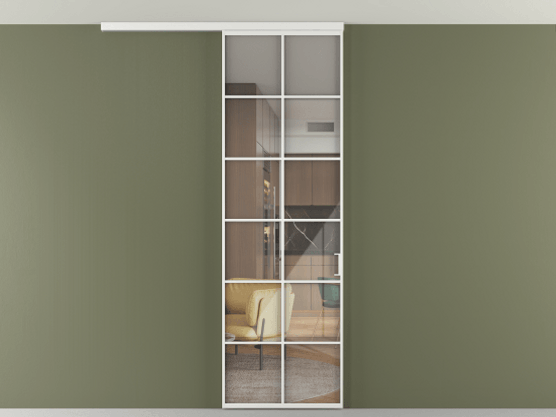 Перегородка Формато вдоль стены на потолок 1 створка АЛПР 040.05 Алюминий белоснежный Рефлективное прозрачное стекло "Стопсол", калёное Цена 125680 ₽ | Volhovec