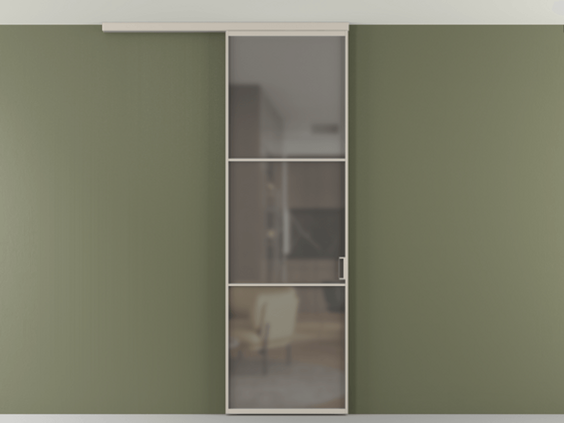 Перегородка Формато вдоль стены на потолок 1 створка АЛПР 040.03 Алюминий светло-бежевый Сатинированное серое стекло, триплекс Цена 19662170 so'm | Volhovec