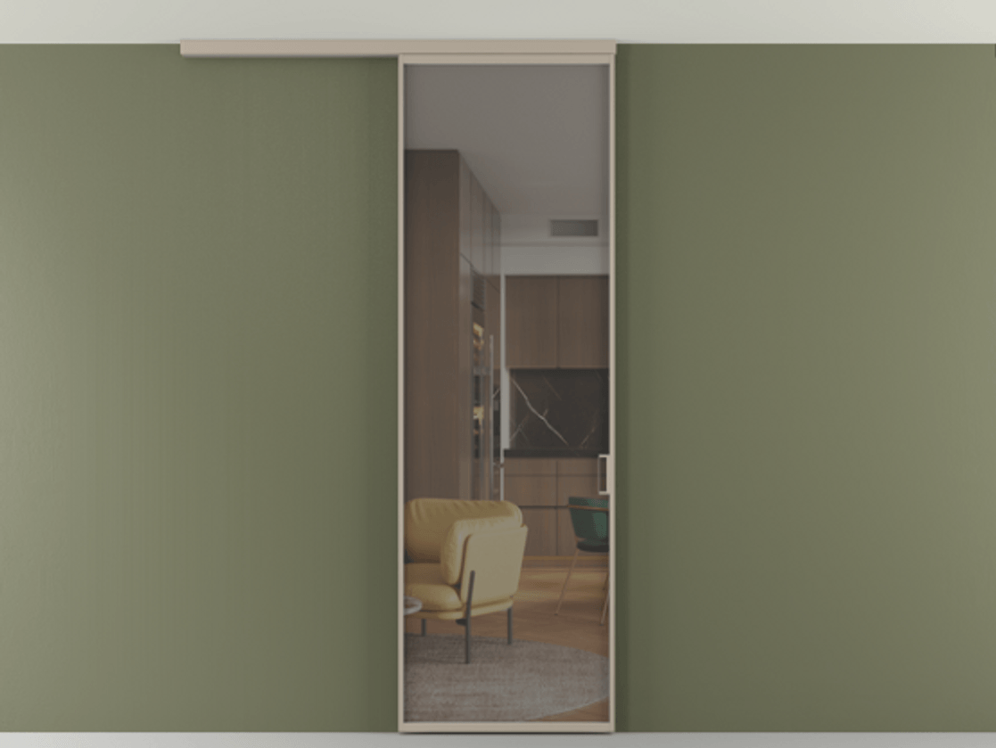 Перегородка Формато вдоль стены на потолок 1 створка АЛПР 040.01 Алюминий бисквитный Прозрачное серое стекло, триплекс Цена 18757810 so'm | Volhovec