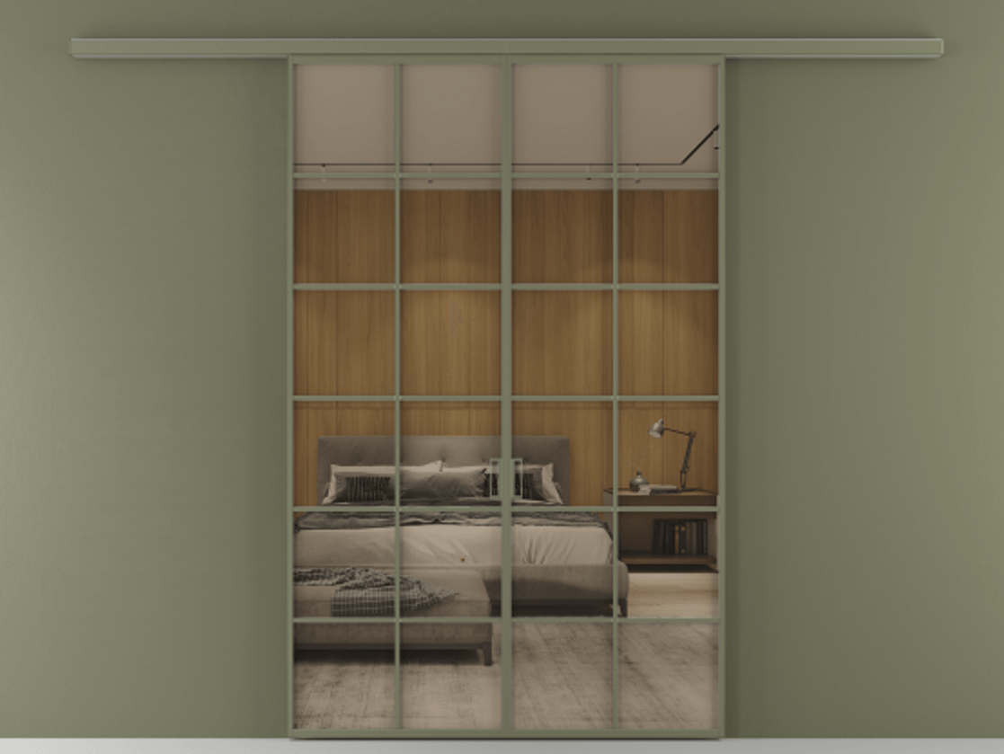 Перегородка Формато вдоль стены 2 створки АЛПР 040.05 Алюминий оливковый тёмный Рефлективное бронзовое стекло "Стопсол", калёное Цена 53713800 so'm | Volhovec