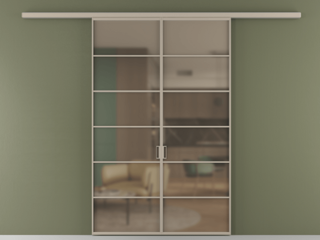 Перегородка Формато вдоль стены 2 створки АЛПР 040.04 Алюминий бисквитный Сатинированное бронзовое стекло, триплекс Цена 42051450 so'm | Volhovec