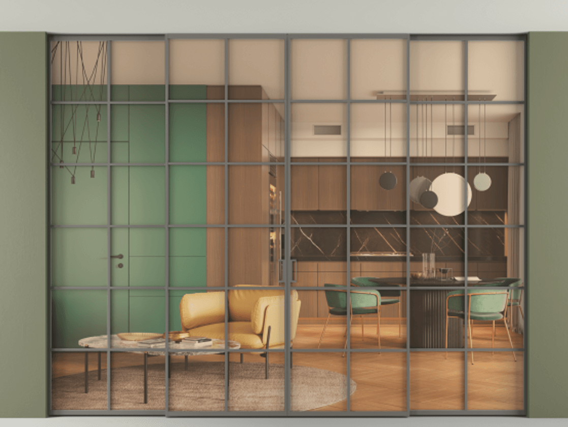 Перегородка Formato внутри проёма скрытое крепление в потолок 4 створки АЛПР 040.05 Алюминий классический серый Прозрачное оранжевое стекло, триплекс Цена 98355100 so'm | Volhovec