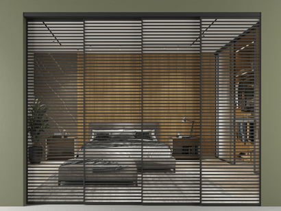 Алюминевая перегородка vn4_07 Зеркало триплекс ЧЕР. Цвет Алюминий Черный. Материал Алюминий. Коллекция Перегородка Formato внутри проёма телескопик синхро 3. Картинка.