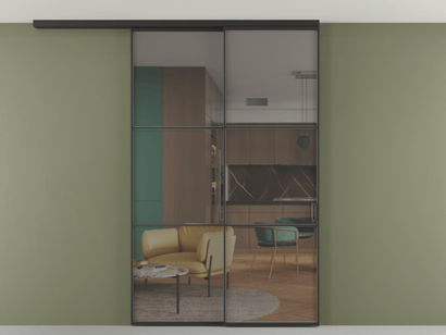 Алюминевая перегородка pv2_2_03 Серый прозрачное ЧЕР. Цвет Алюминий Черный. Материал Алюминий. Коллекция Перегородка Formato вдоль стены на потолок телескопик синхро 2. Картинка.