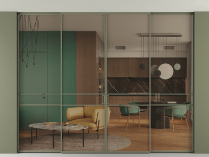 Алюминевая перегородка АЛПР 040.02_АОТ_Бронза триплекс_new. Цвет Алюминий оливковый тёмный. Материал Алюминий в эмали. Коллекция Перегородка Formato внутри проёма четырёхстворчатая со скрытым креплением в потолок. Картинка.