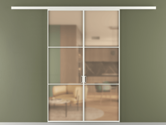 Алюминевая перегородка vd2_03_ Алюминий светло-серый Сатинированное оранжевое стекло, триплекс, 6мм. Цвет Алюминий светло-серый. Материал Алюминий в эмали. Коллекция Перегородка Formato вдоль стены 2 створки. Картинка.