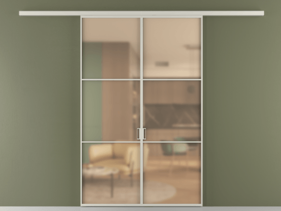 Алюминевая перегородка vd2_03_ Алюминий тёплый серый Сатинированное оранжевое стекло, триплекс, 6мм. Цвет Алюминий тёплый серый. Материал Алюминий в эмали. Коллекция Перегородка Formato вдоль стены 2 створки. Картинка.