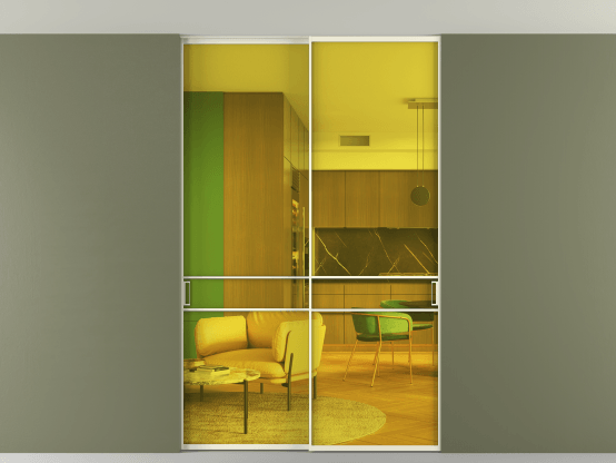 Алюминевая перегородка АЛПР 040.02_АМБ_ПРОЗ ЖЕЛ_new. Цвет Алюминий молочно-белый. Материал Алюминий в эмали. Коллекция Перегородка Формато внутри проёма скрытое крепление в потолок 2 створки. Картинка.