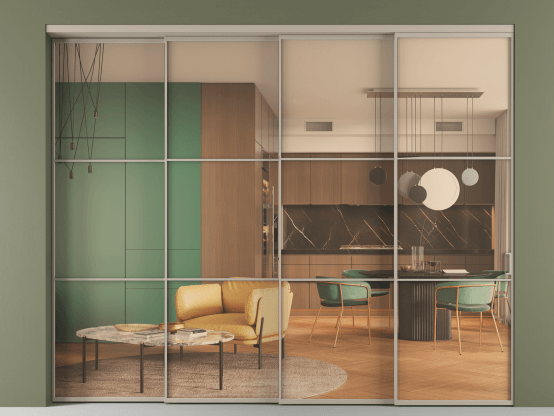 Алюминевая перегородка АЛПР 040.03_АБСК_ПРОЗ ОРАНЖ_new. Цвет Алюминий бисквитный. Материал Алюминий в эмали. Коллекция Перегородка Формато внутри проёма 4 створки с синхронным механизмом. Картинка.