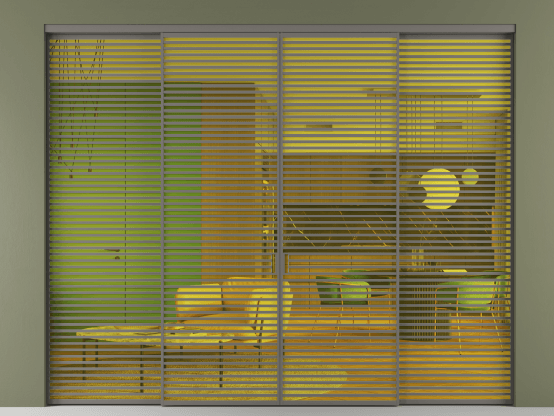 Алюминевая перегородка АЛПР 040.07_АКЛС_ПРОЗ ЖЕЛ_new. Цвет Алюминий классический серый. Материал Алюминий в эмали. Коллекция Перегородка Formato внутри проёма 4 створки. Картинка.