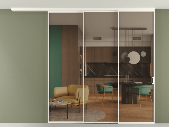 Алюминевая перегородка pv3_01_ Алюминий пудровый белый Бронза прозрачное. Цвет Алюминий пудровый белый. Материал Алюминий в эмали. Коллекция Перегородка Формато вдоль стены на потолок 3 створки с синхронным механизмом. Картинка.