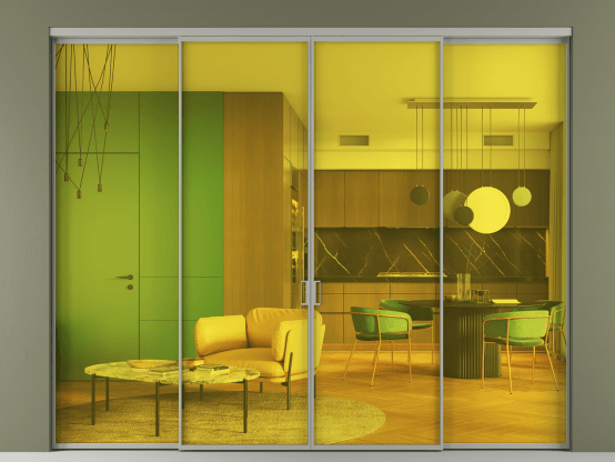 Алюминевая перегородка АЛПР 040.01_АНСР_ПРОЗ ЖЕЛ_new. Цвет Алюминий нейтральный серый. Материал Алюминий в эмали. Коллекция Перегородка Формато внутри проёма 4 створки. Картинка.