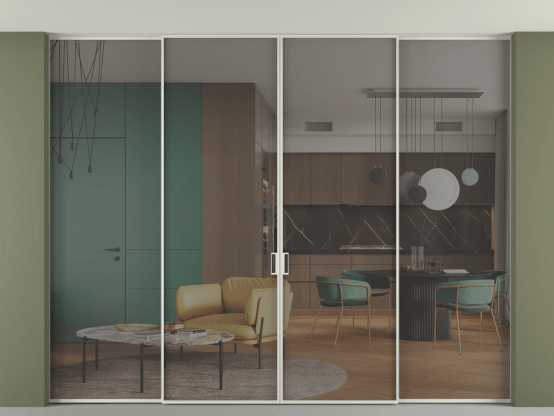 Алюминевая перегородка p2+2_01 Серый триплекс БЕЛ. Цвет Алюминий Белый. Материал Алюминий. Коллекция Перегородка Formato внутри проёма скрытое крепление в потолок 4 створки. Картинка.