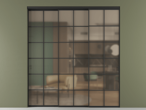 Алюминевая перегородка vn3_05 Бронза сатин триплекс ЧЕР. Цвет Алюминий Черный. Материал Алюминий. Коллекция Перегородка Формато внутри проёма 3 створки с синхронным механизмом. Картинка.